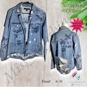 ⭐️ TINSEL - Sz M - totally distressed jean jacket all over - rounded hem as well
